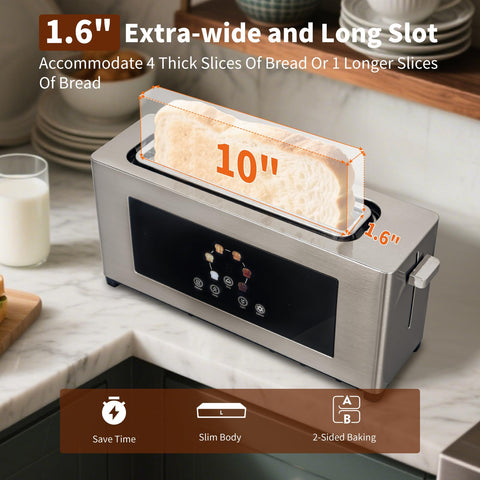 BBday toaster showing wide 1.6-inch slot for bagels and English muffins.