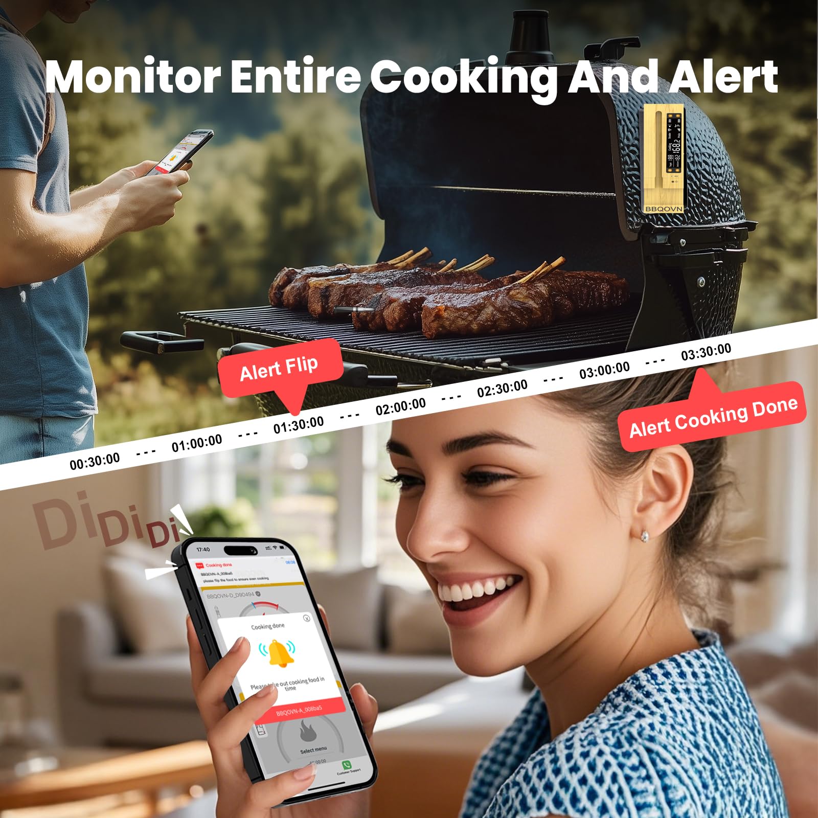 BBQOVN ambient sensor tracks grill temperature to prevent overheating.