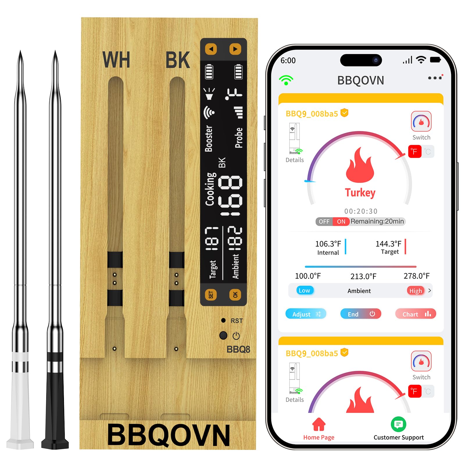 BBQOVN thermometer packaging shows all parts for quick setup and ready use.