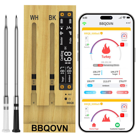 BBQOVN thermometer packaging shows all parts for quick setup and ready use.