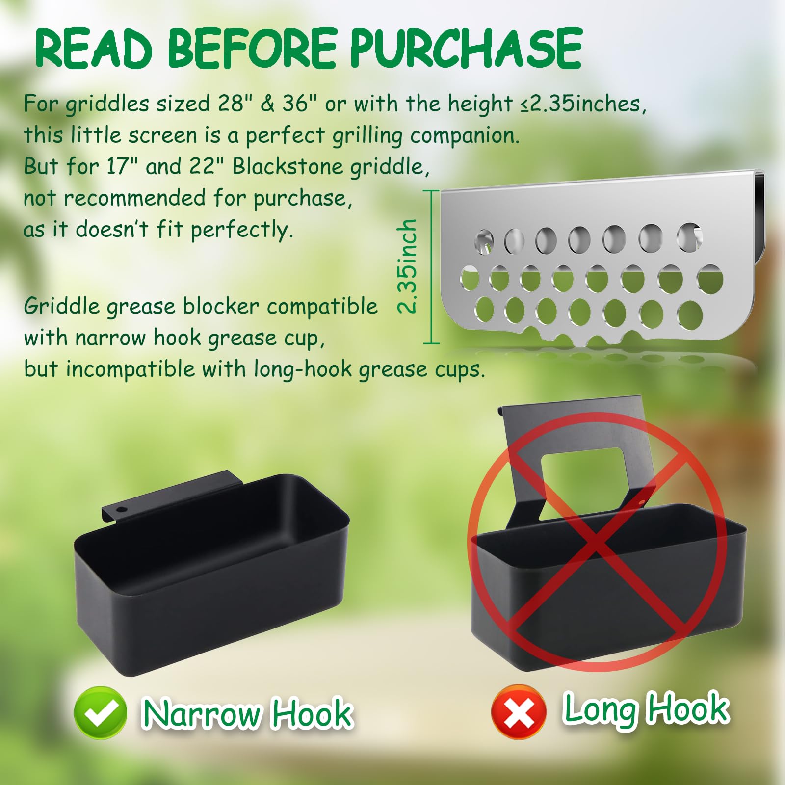 BBQTIDER griddle blocker fits narrow grease cups to streamline drainage.