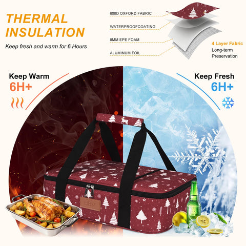 BBV Christmas insulated casserole carrier holds a 9x13 dish securely during transport