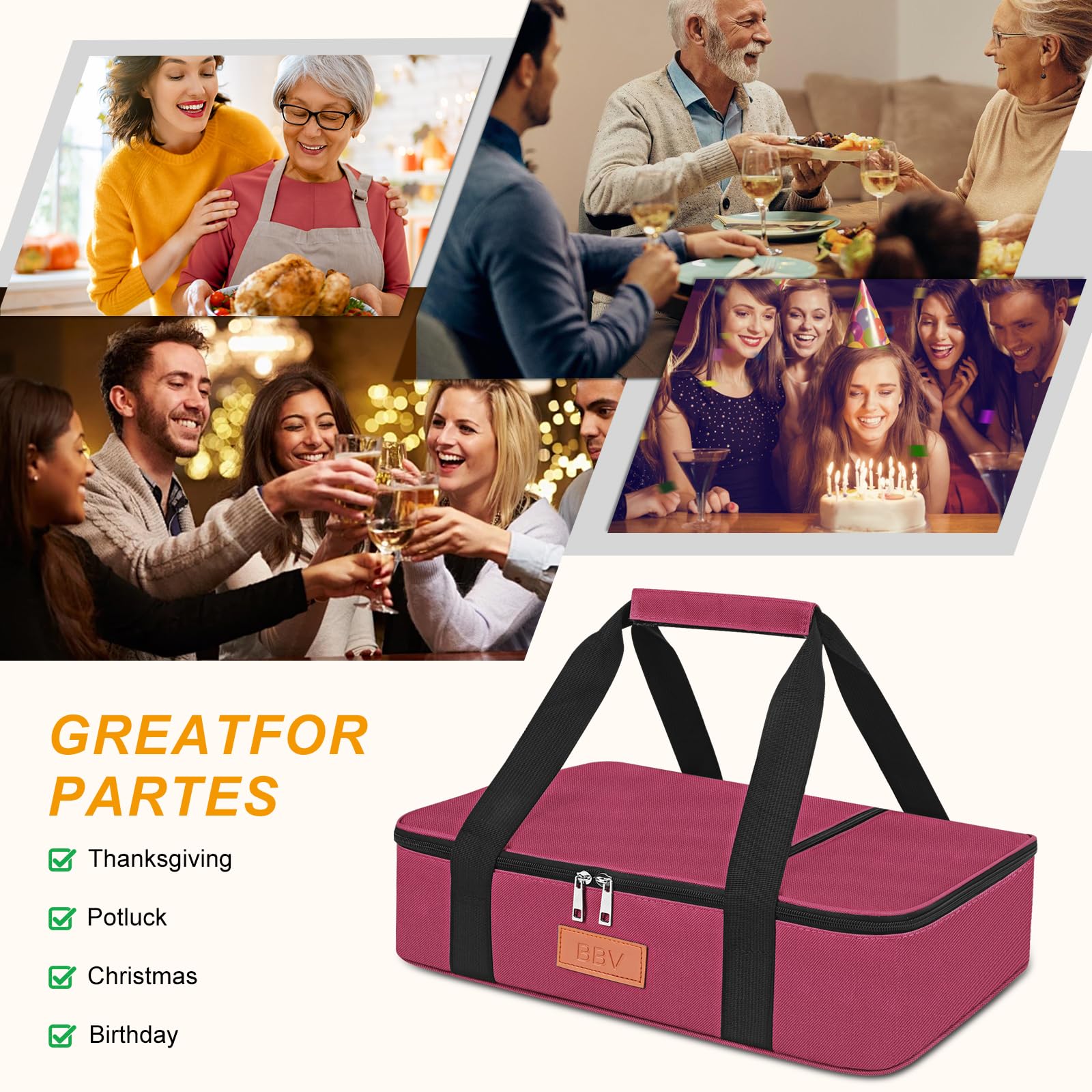 Burgundy insulated BBV carrier supports travel, potlucks, and picnics with durability.
