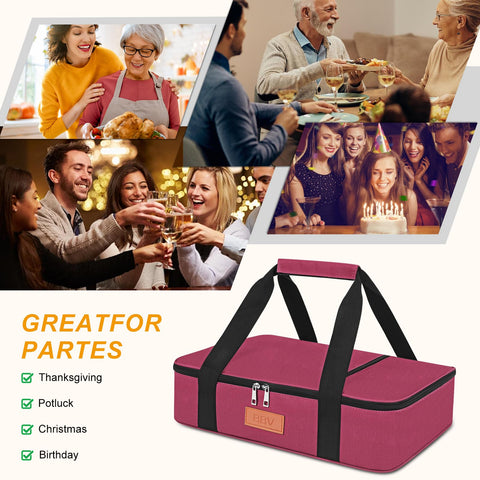 Burgundy insulated BBV carrier supports travel, potlucks, and picnics with durability.