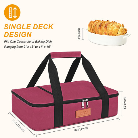 BBV casserole carrier with side pocket, ideal for utensils and napkins during picnics.