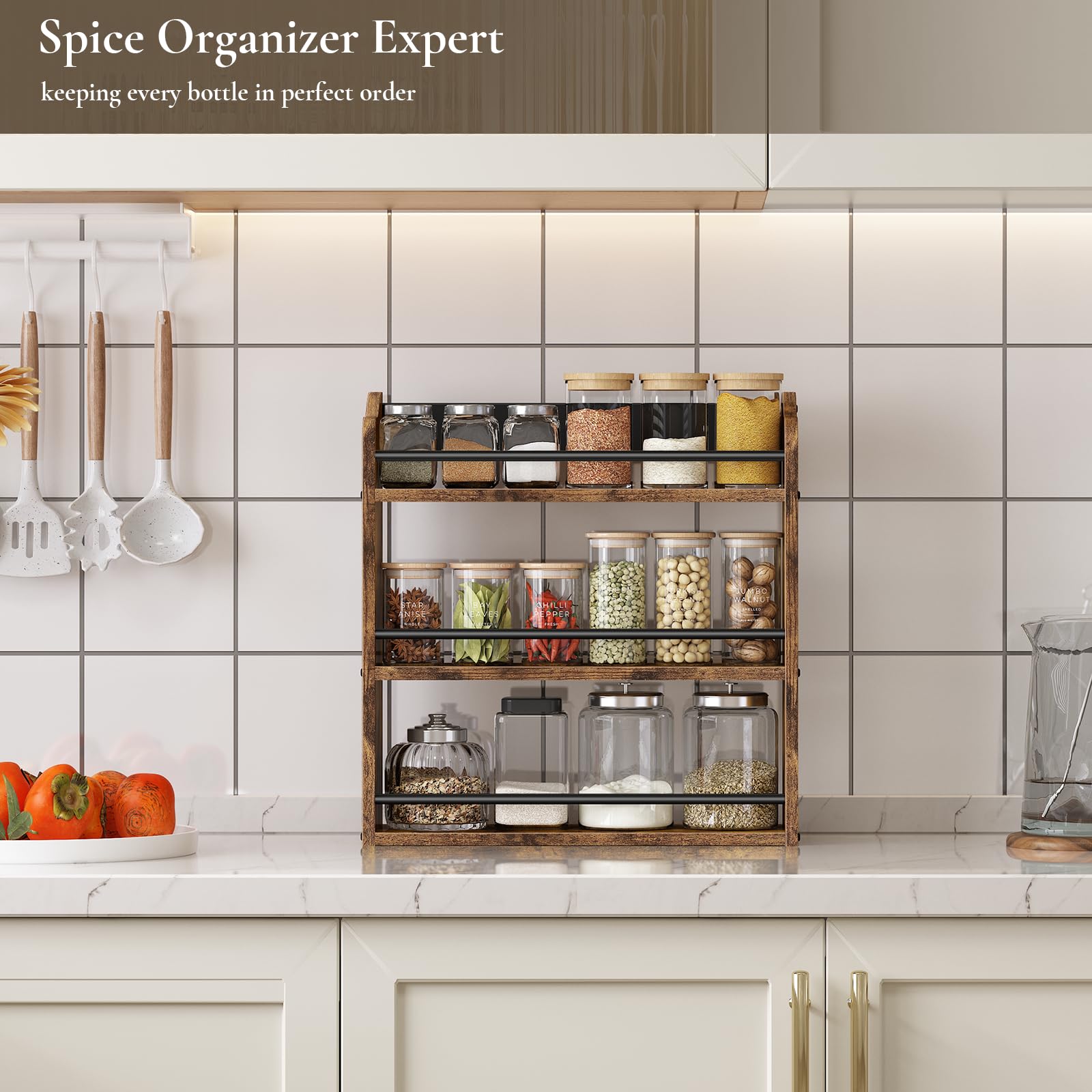 BCOZLUX spice jars on the rack with a front bar preventing spills.