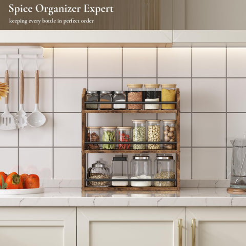 BCOZLUX spice jars on the rack with a front bar preventing spills.