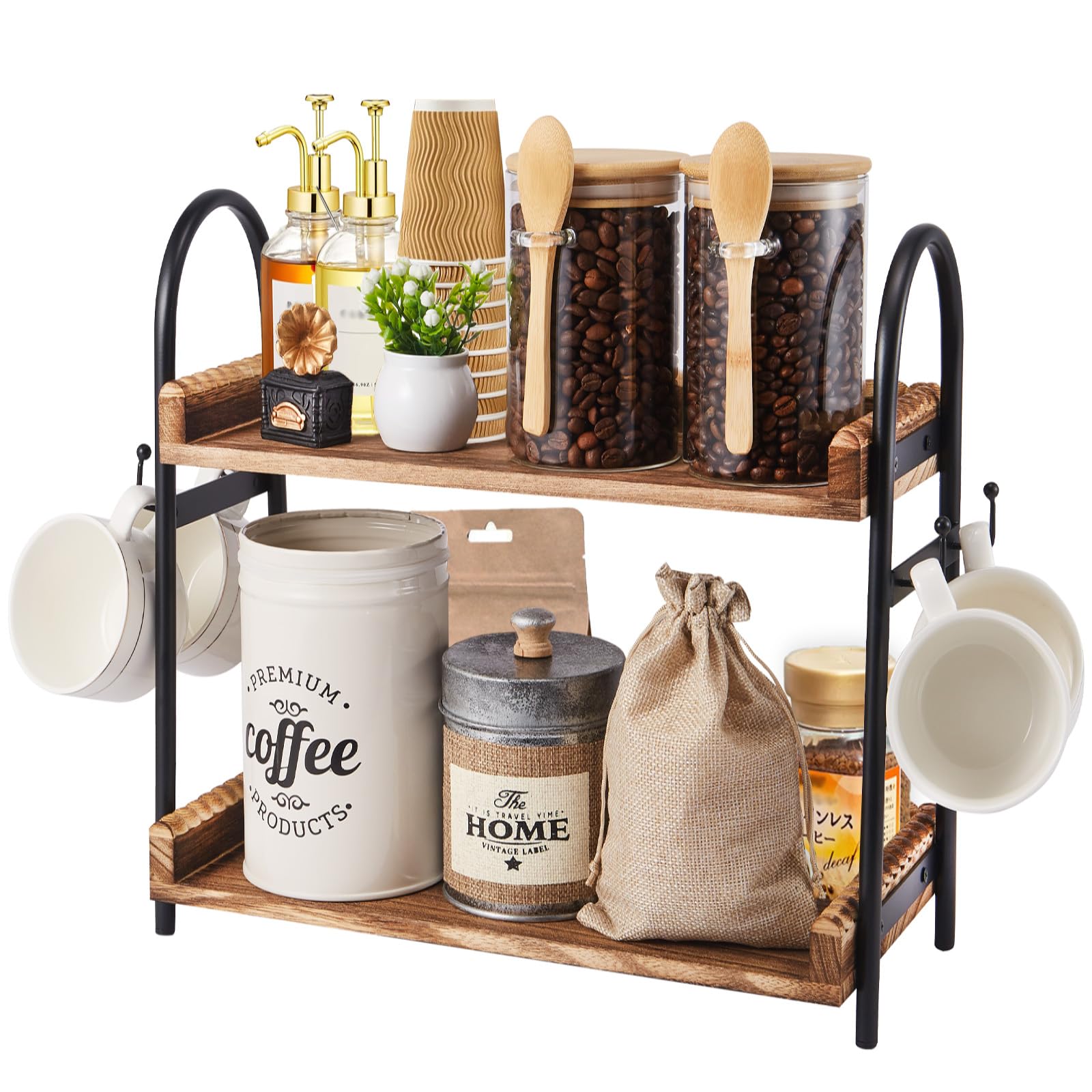 BDBDYEAY 2-tier coffee bar organizer showing neat countertop setup with mugs and jars