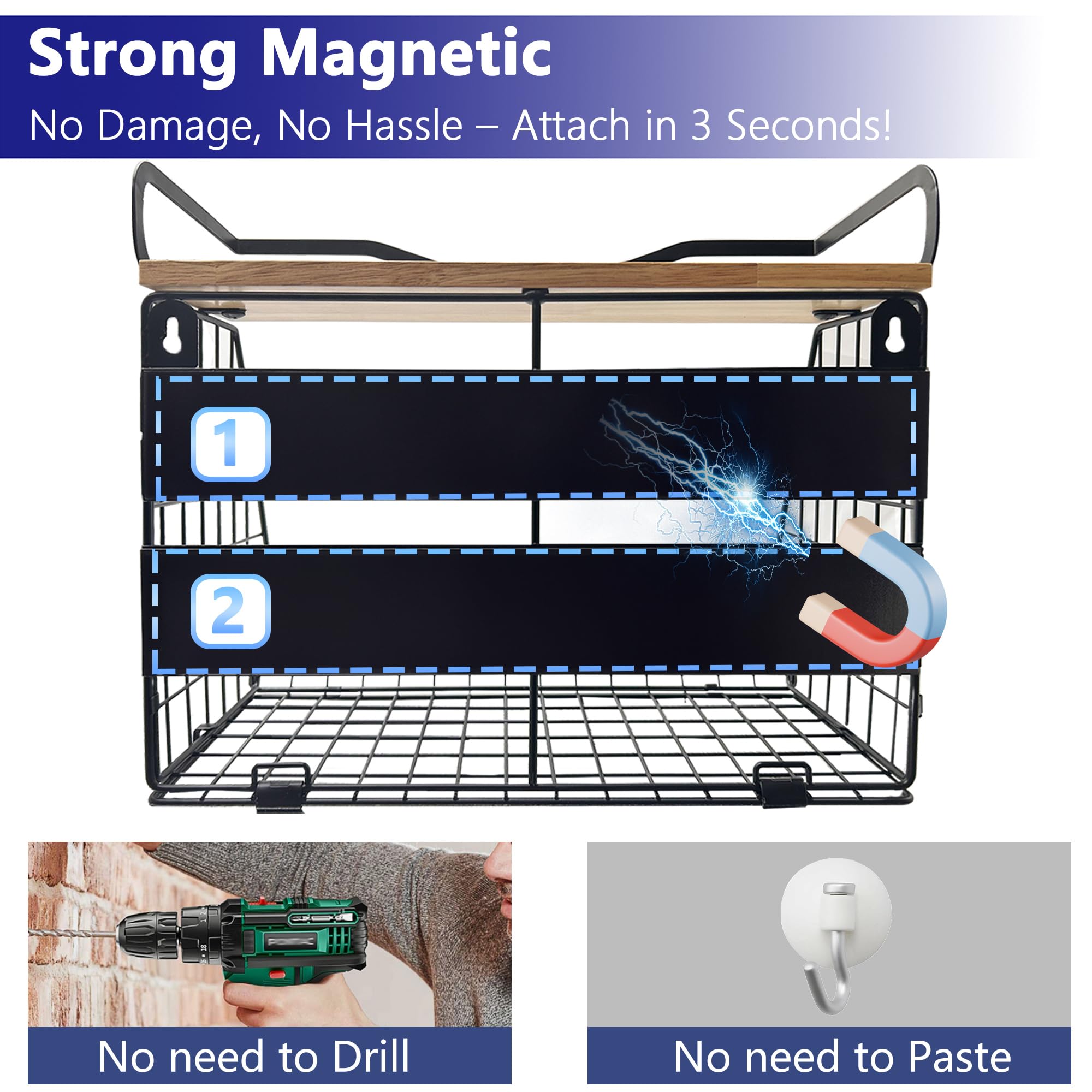 Bealy large-capacity magnetic basket stores fruits, spices, or utensils neatly on a metal surface.