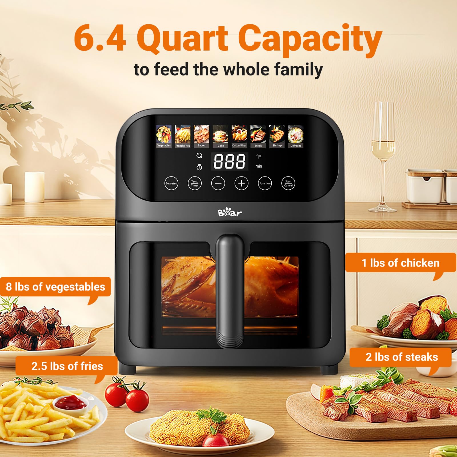 Bear Air Fryer 6.4qt basket inside for cooking large batches.