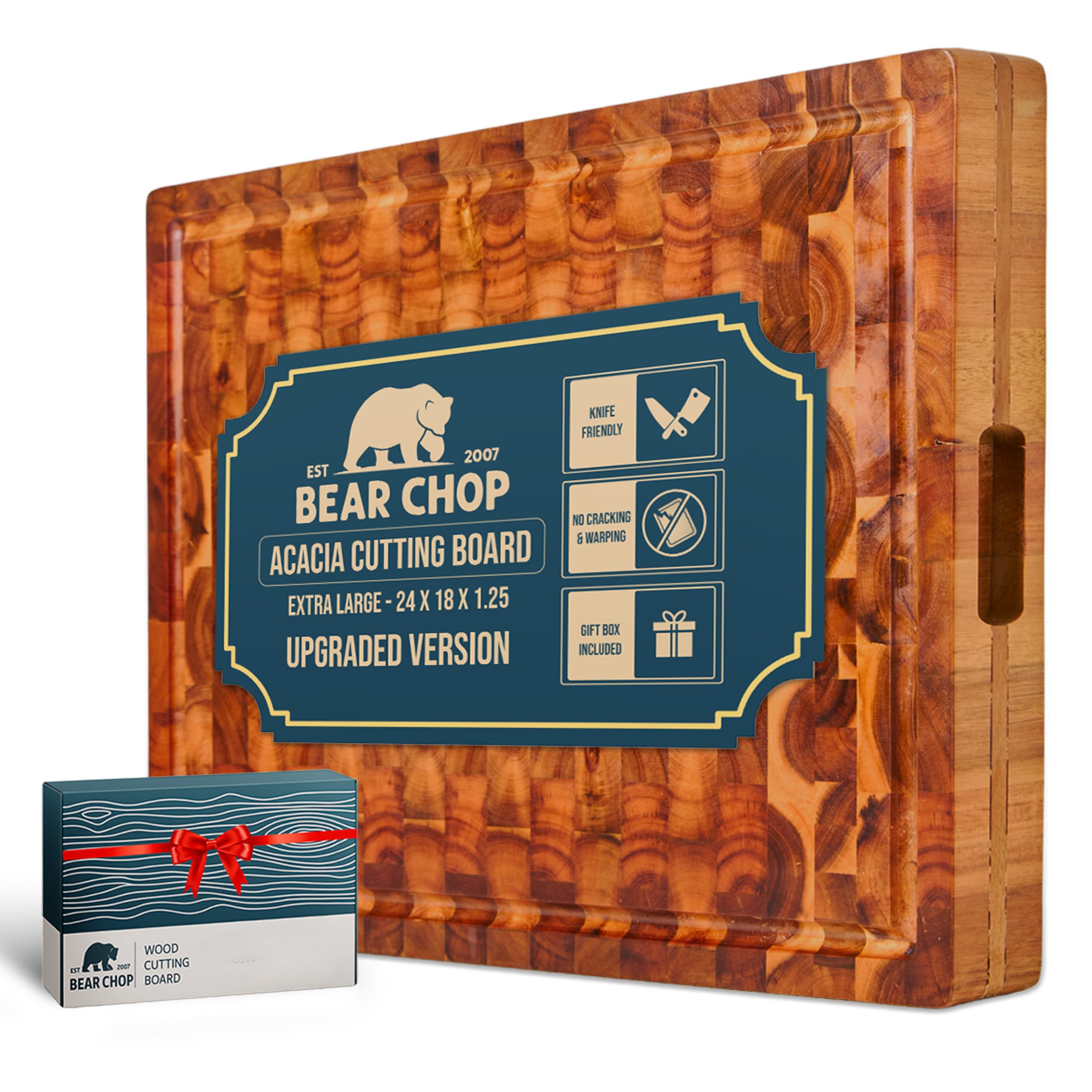 BEAR CHOP end grain cutting board cushions blades and resists heavy chopping.