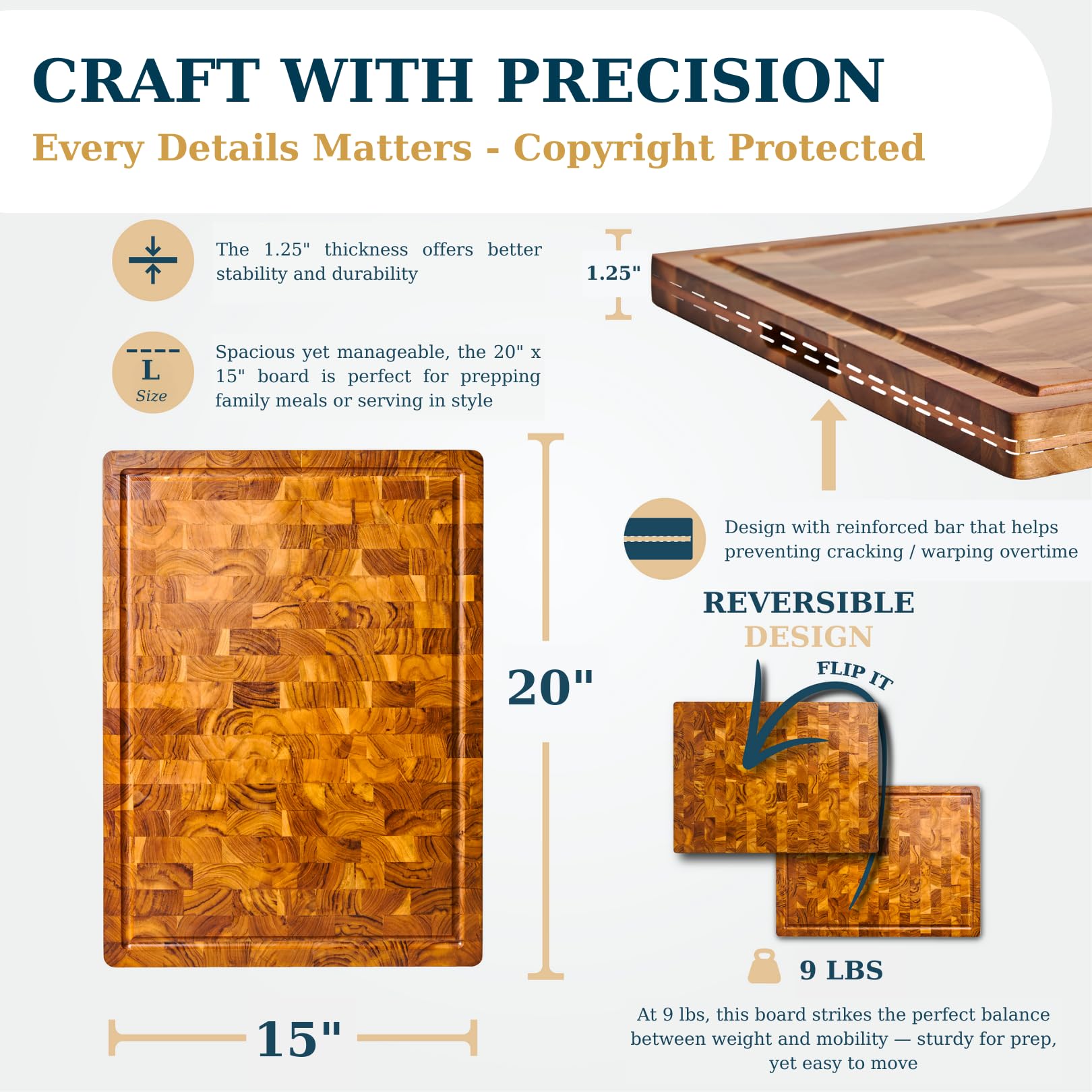 BEAR CHOP end-grain surface absorbs impact and protects knives during chopping