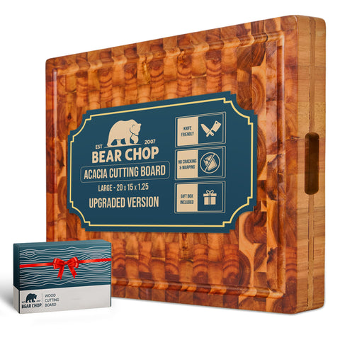BEAR CHOP Acacia cutting board top view highlights durable end-grain surface for daily prep
