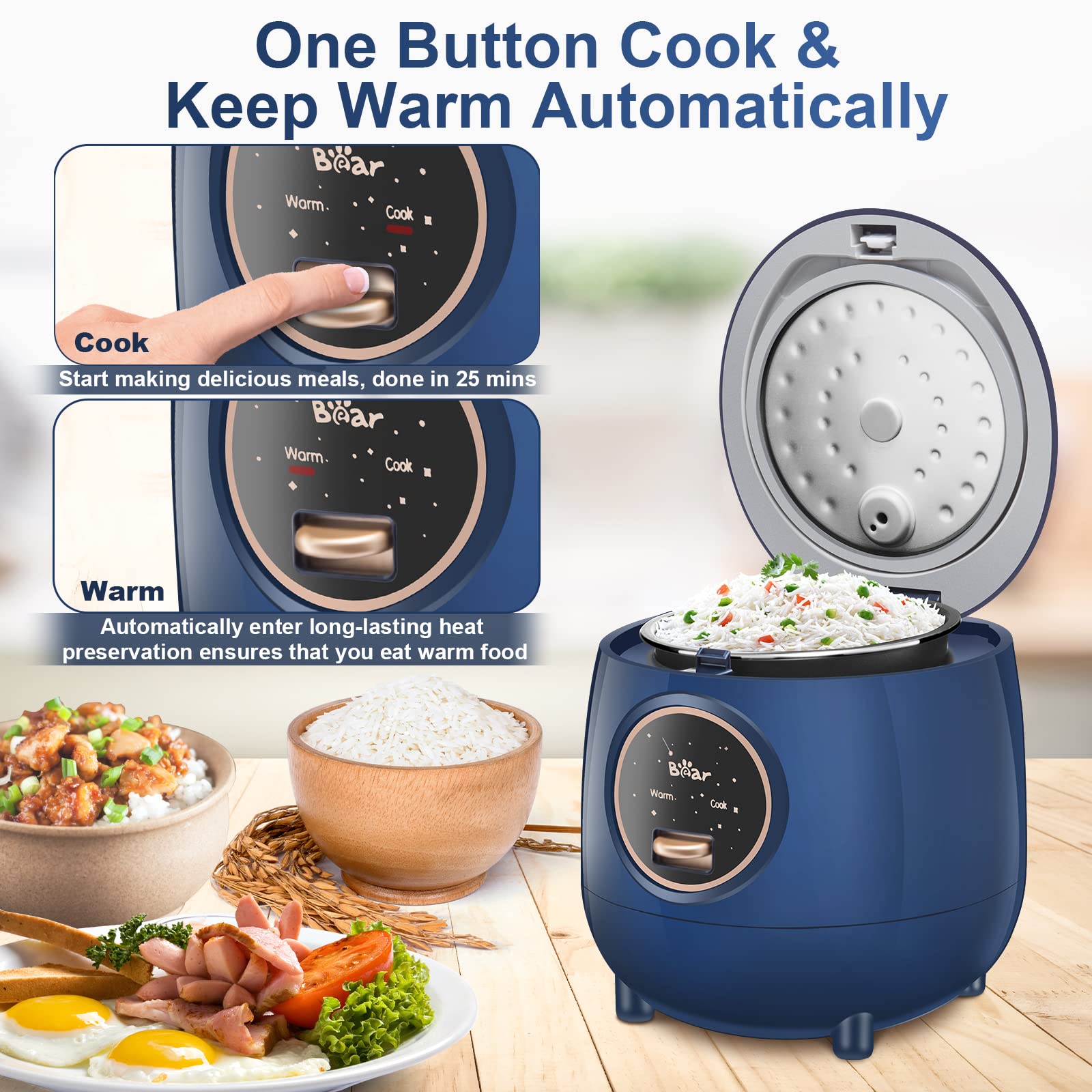 Bear mini rice cooker keep-warm indicator illustrating convenient all-day use