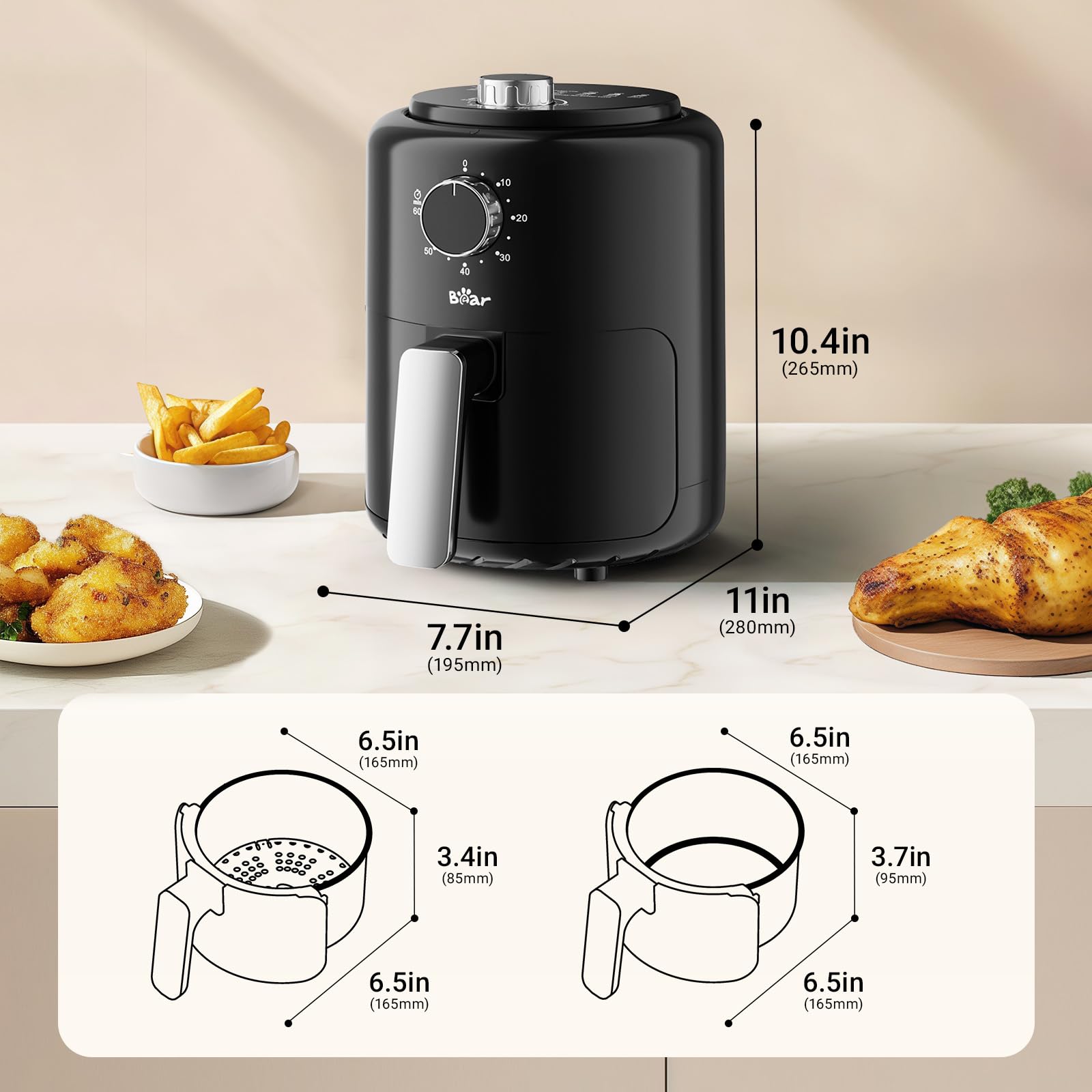Bear small air fryer adjustable temp and time for customizable quick meals.