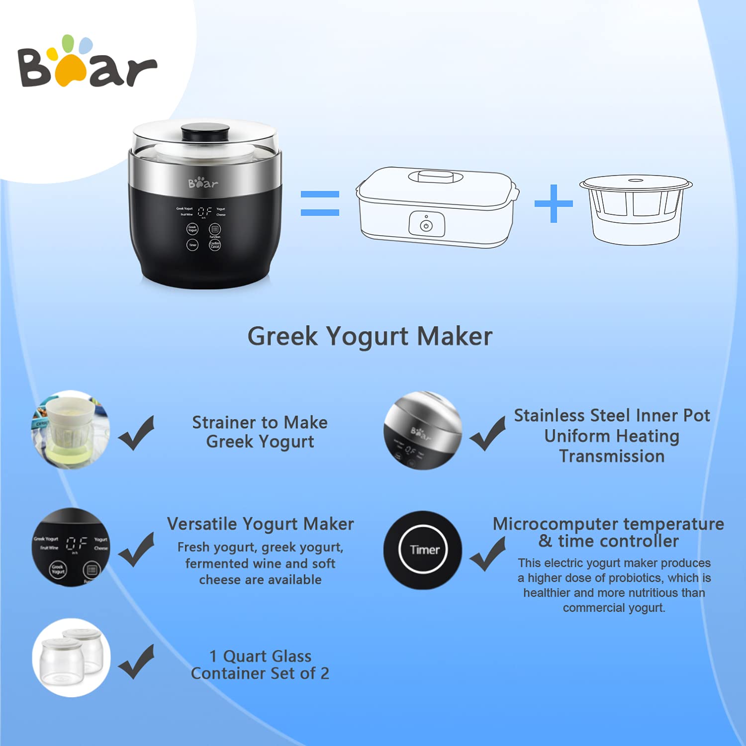 Bear Yogurt Maker two 1-quart jars store ready-made portions.