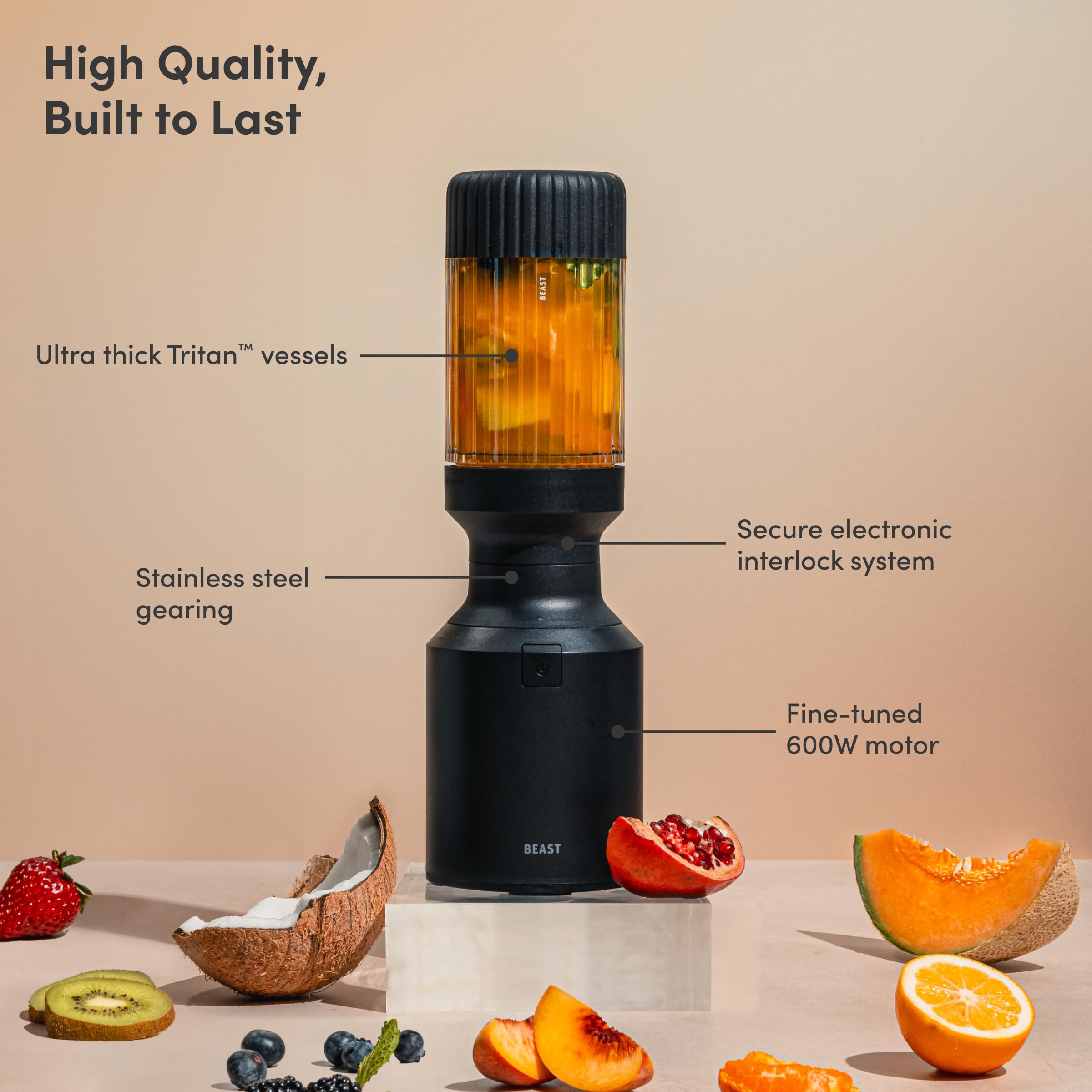 The Beast Mini Blender Plus straw cap and straws enable on-the-go sipping.