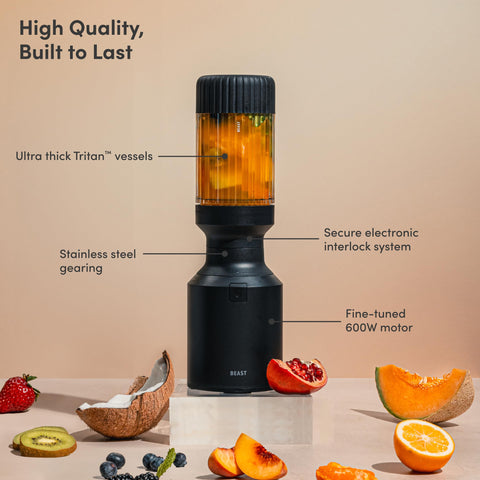 The Beast Mini Blender Plus straw cap and straws enable on-the-go sipping.