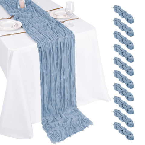Beautane dusty blue cheesecloth table runner, 17x108 in, ideal for wedding reception decor.