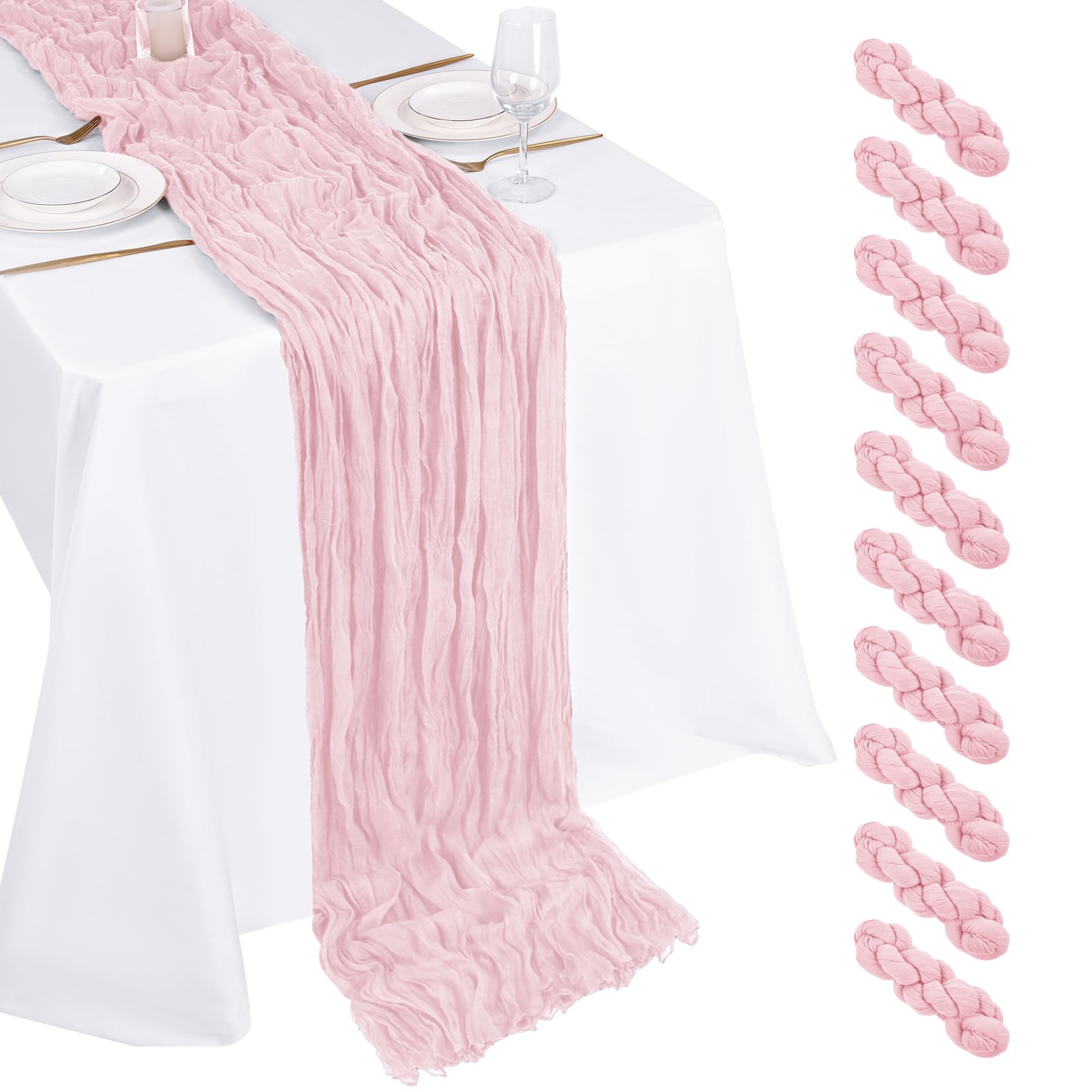 Beautane light pink cheesecloth table runner adds romantic decor for weddings.