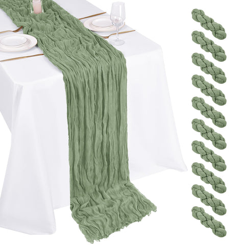 Beautane sage green cheesecloth table runner with 17x108 inch drape for wedding reception tables.