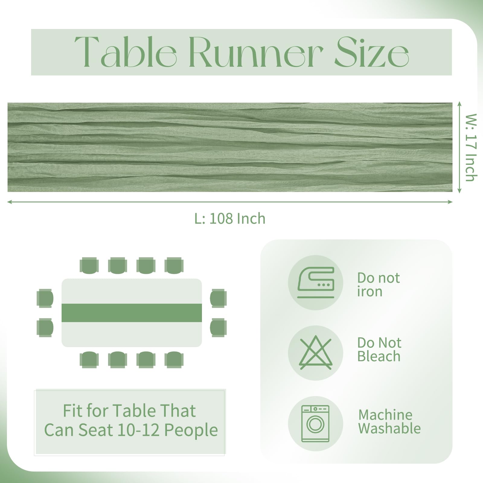 Beautane sage green cheesecloth table runner used as chair sash for elegant boho decor.