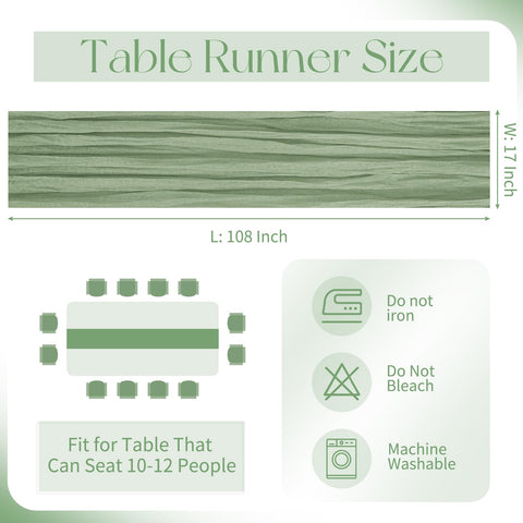 Beautane sage green cheesecloth table runner used as chair sash for elegant boho decor.