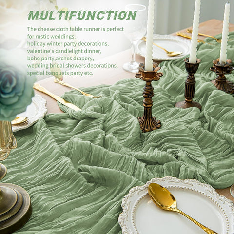 Beautane boho cheesecloth runner offers airy, charming ambiance for events.