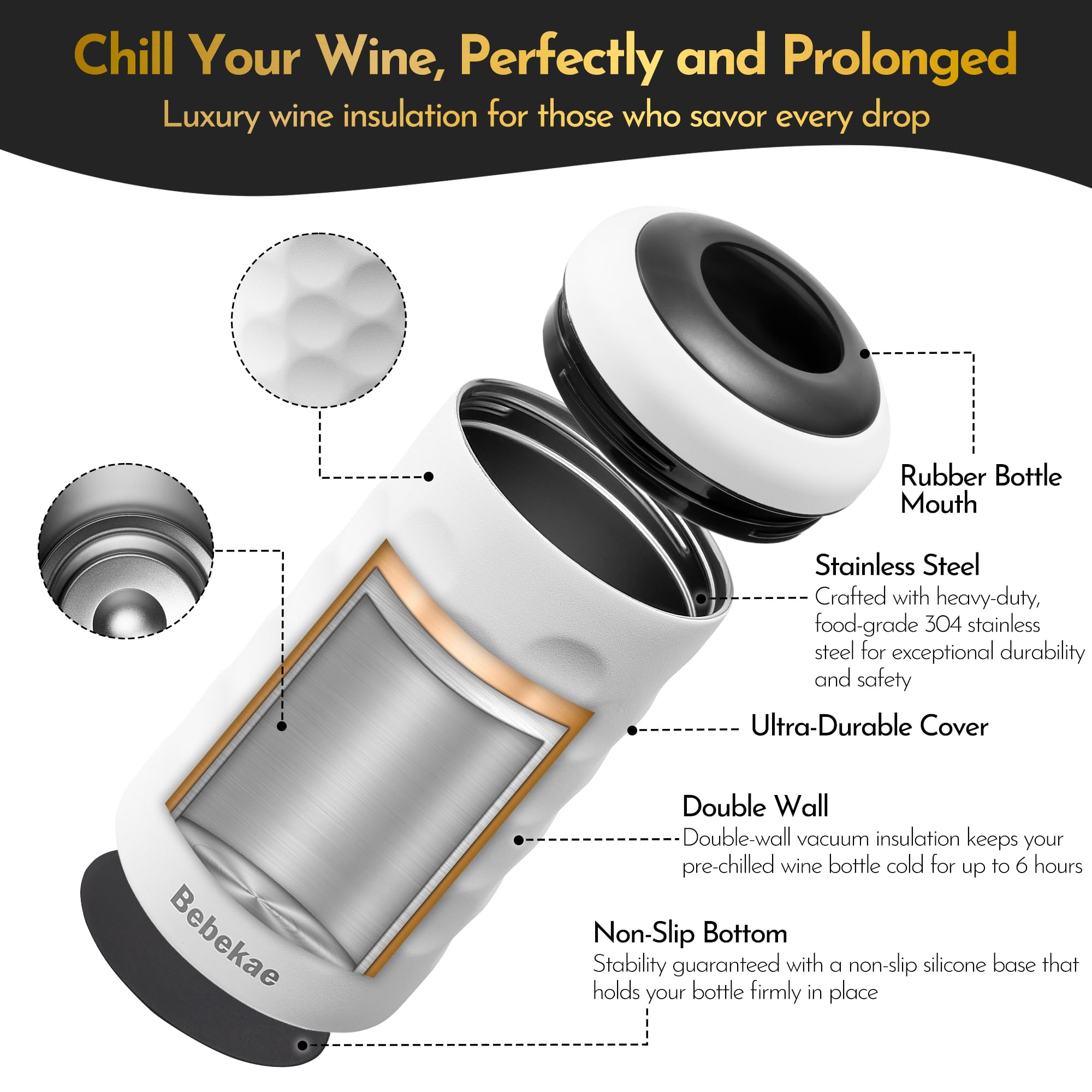 Bebekae fits most 750ml wine and champagne bottles for secure insulation.