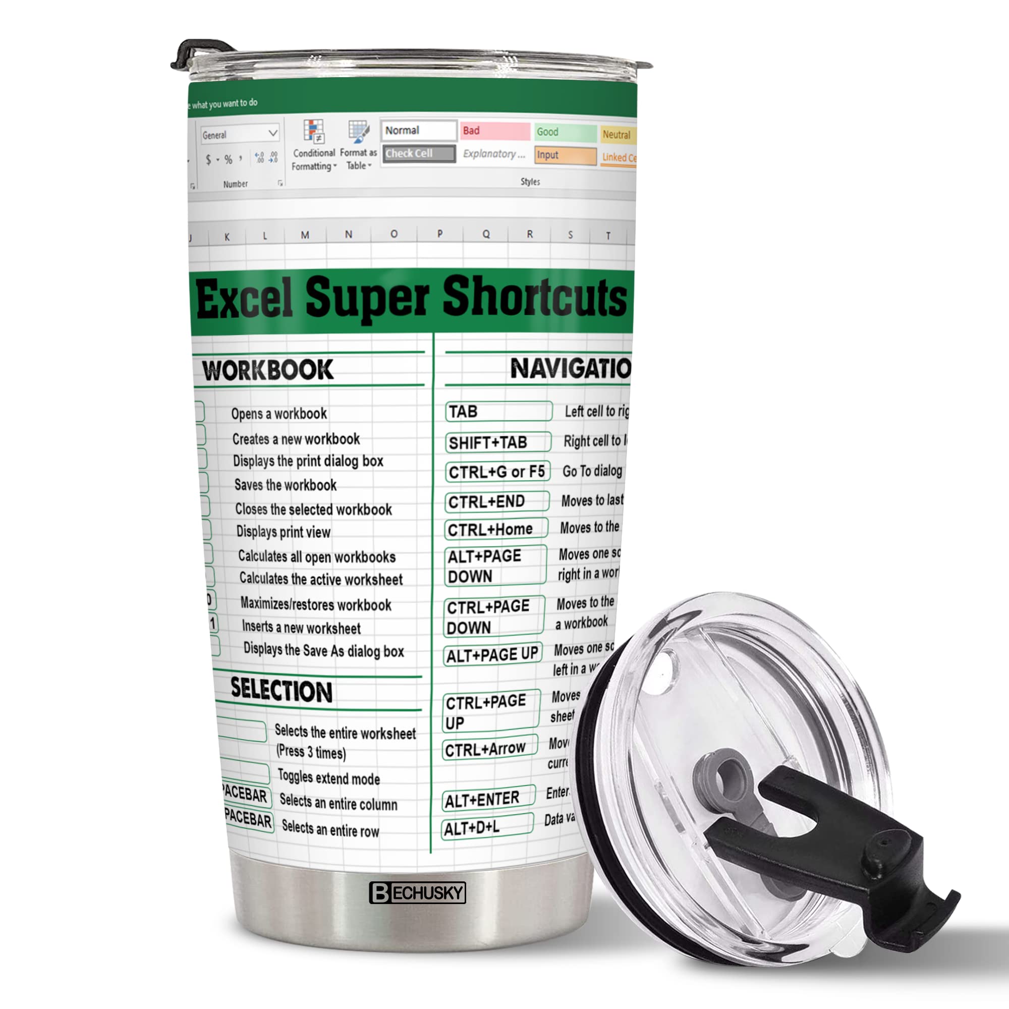 BECHUSKY Excel shortcut tumbler for on-the-go productivity, temperature control, and style.