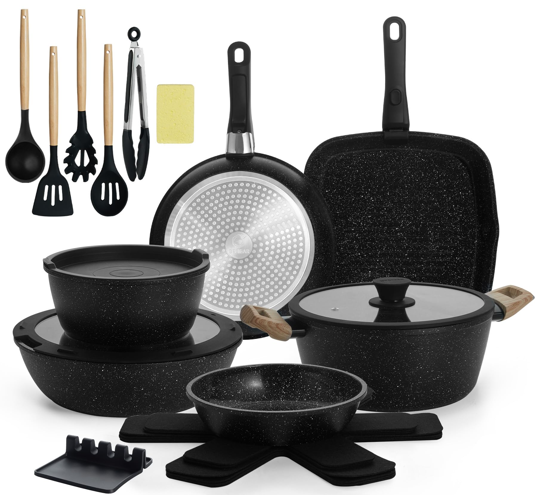 BECIGAR 23pcs ceramic cookware set displayed showing organized storage
