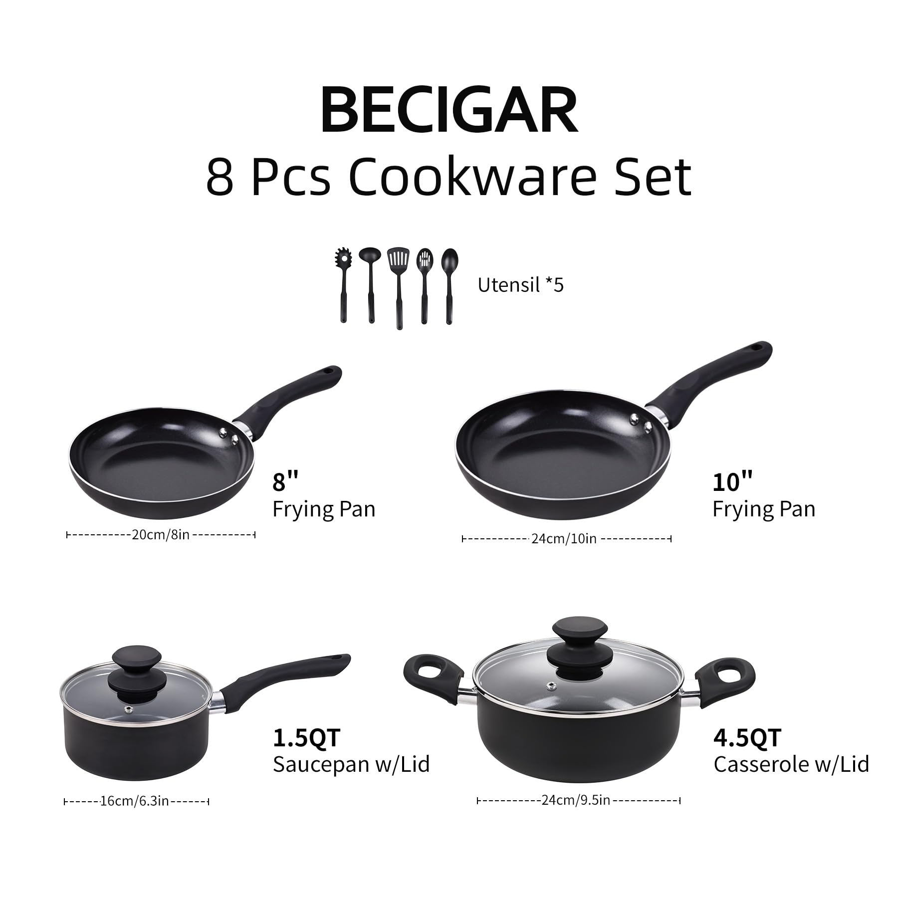 BECIGAR 8pcs ceramic set 10-inch frying pan for quick, even browning