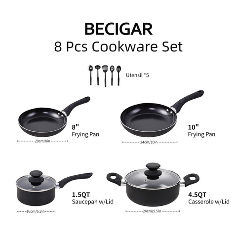 BECIGAR 8pcs ceramic set 10-inch frying pan for quick, even browning