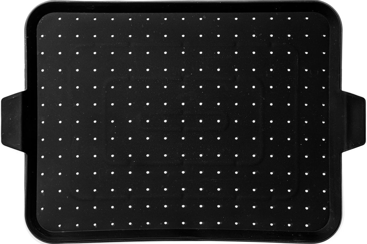 Beckon Ware baking splatter screen on pan for cleaner oven air.