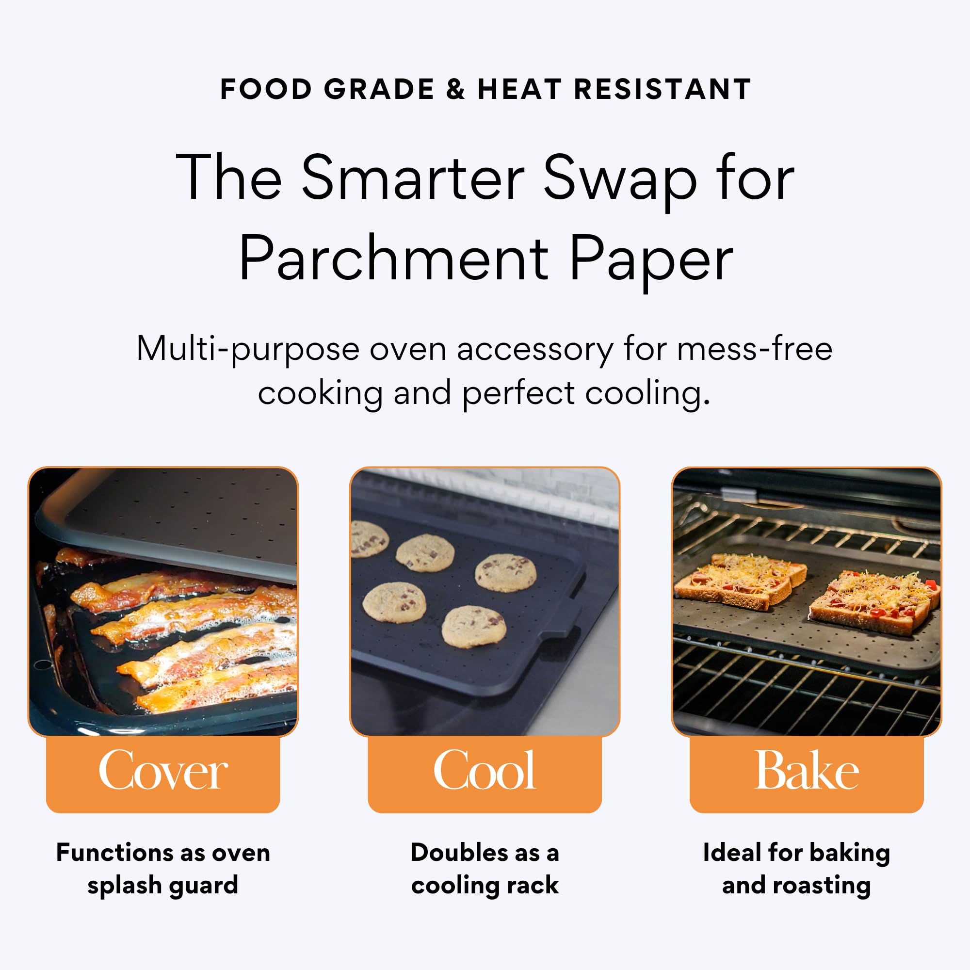 Beckon Ware multi-use splatter screen shown on oven rack.