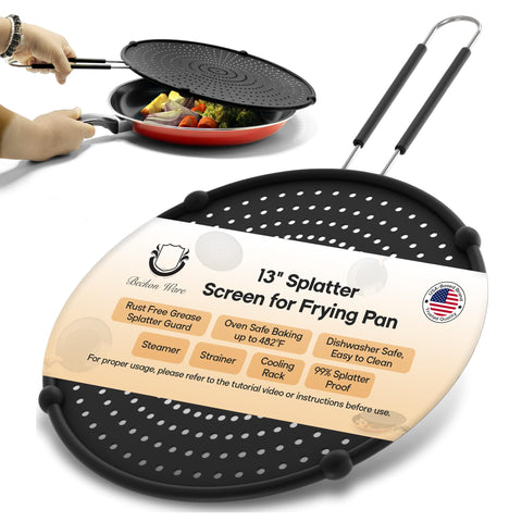 Beckon Ware splatter screen with 13-inch diameter protects stovetop from splatter.
