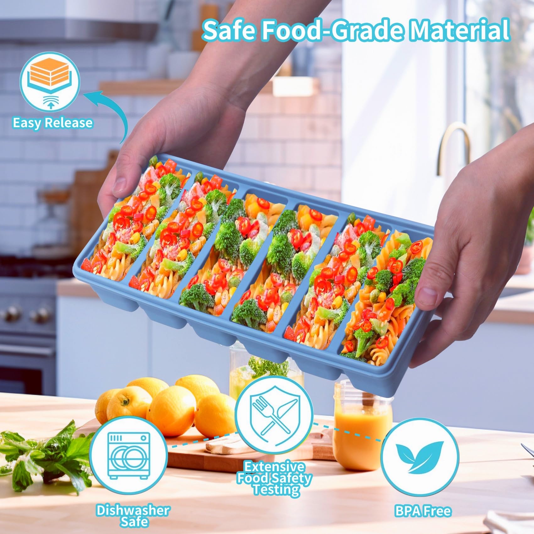 BECOKIT stackable blue freezer tray with lid saving freezer space.