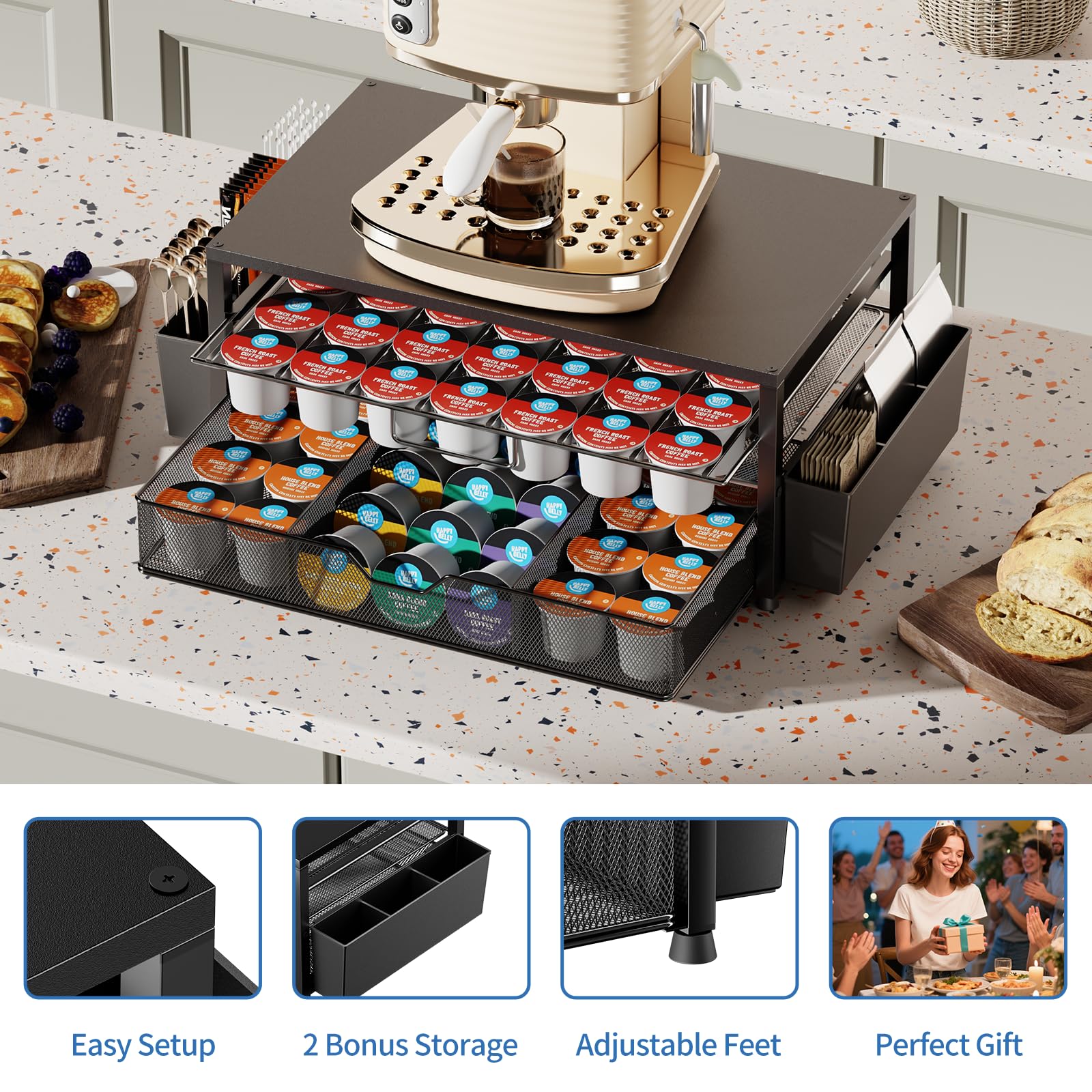 Becomrock K Cup Holder Organizer fits beside a coffee machine on the counter