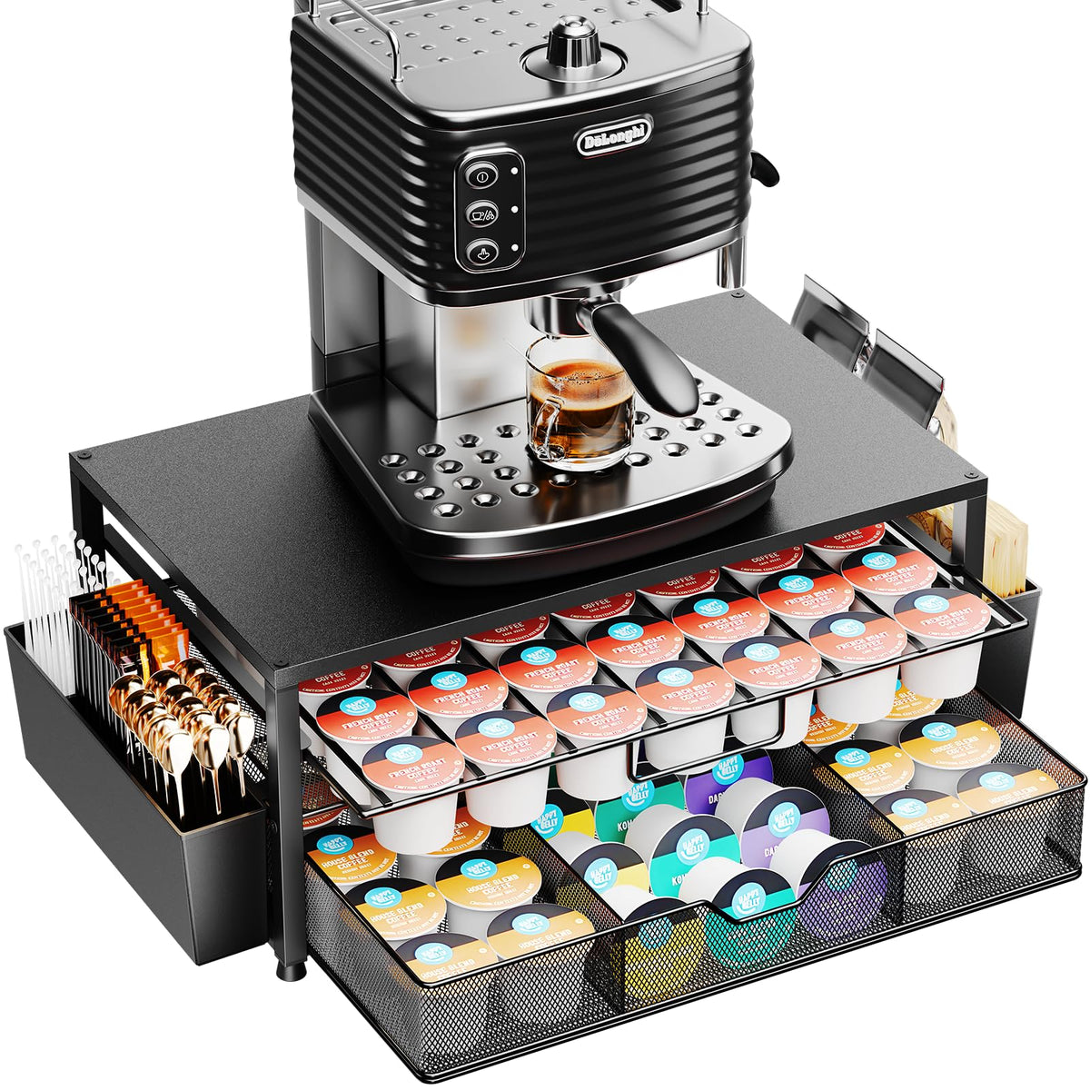 Becomrock K Cup Holder Organizer under the machine shows compact space-saving setup