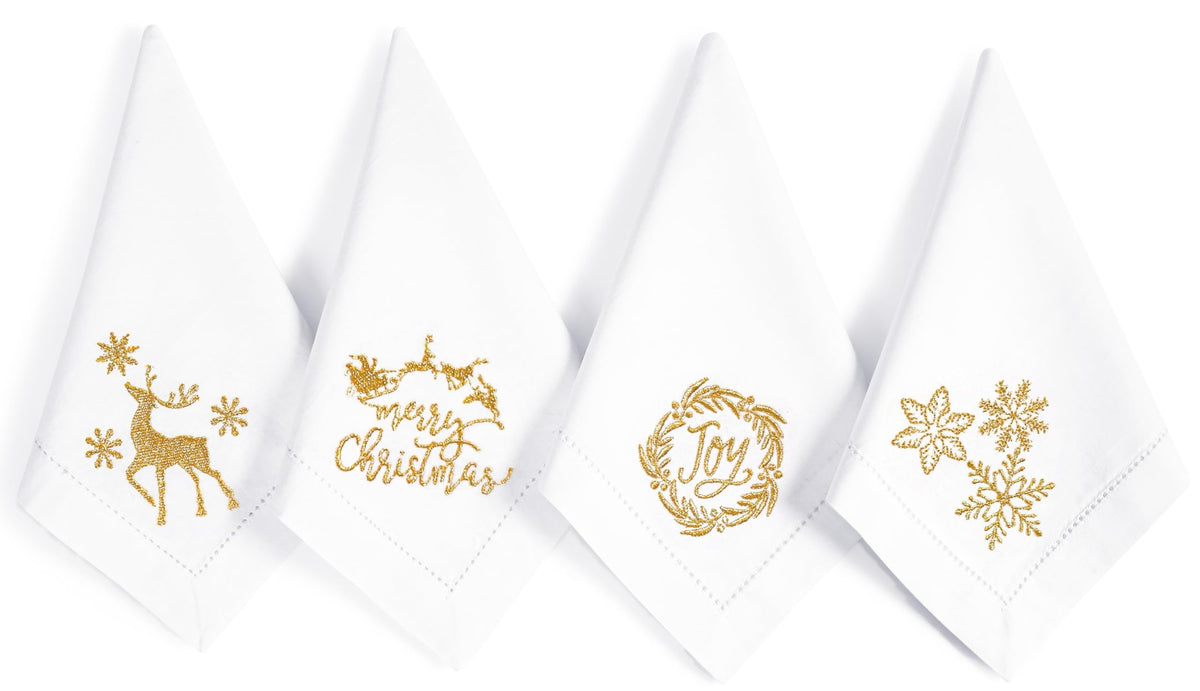 Bedding Craft napkins with white fabric and gold embroidery, ideal for elegant weddings.