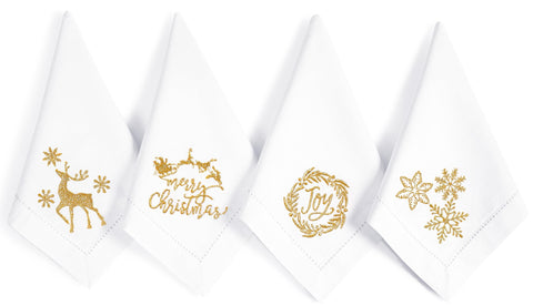 Bedding Craft napkins with white fabric and gold embroidery, ideal for elegant weddings.