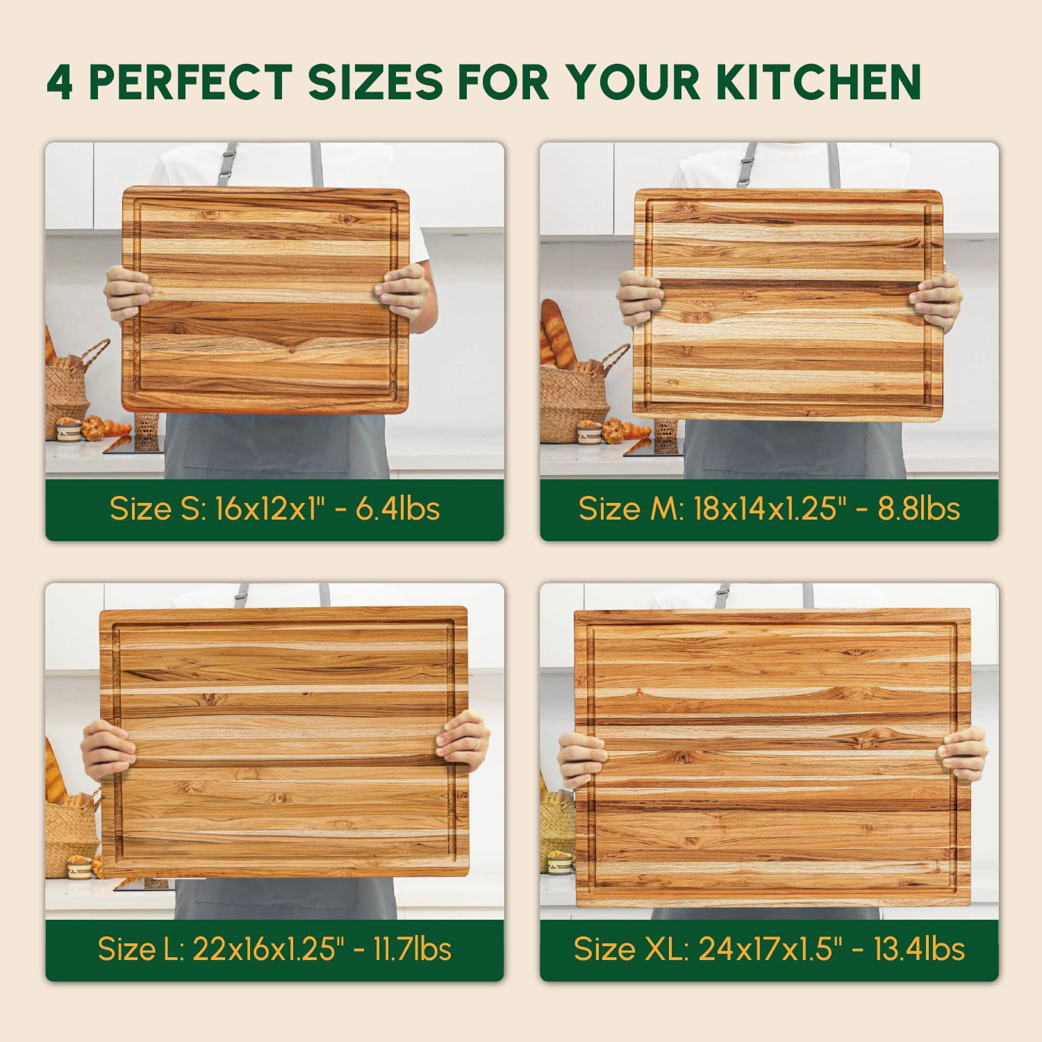 Beefurni teak board adds warm tones to kitchen counters as decor.