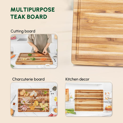 Beefurni teak board shows natural edge grain and color contrast.