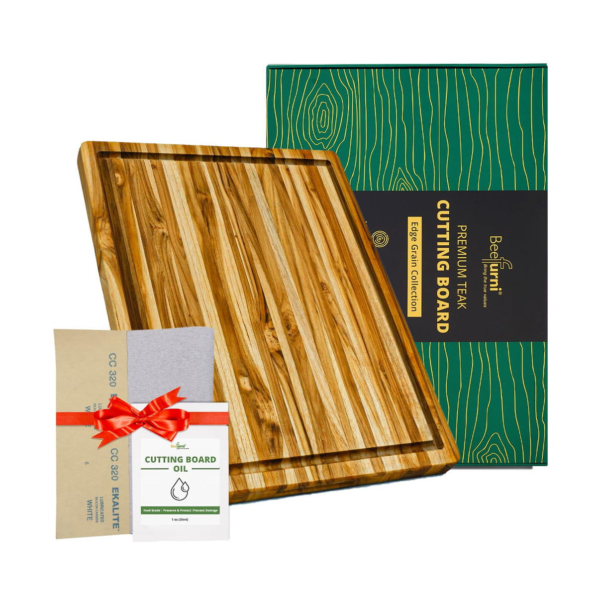 Beefurni teak cutting board with juice groove for easy prep and serving.