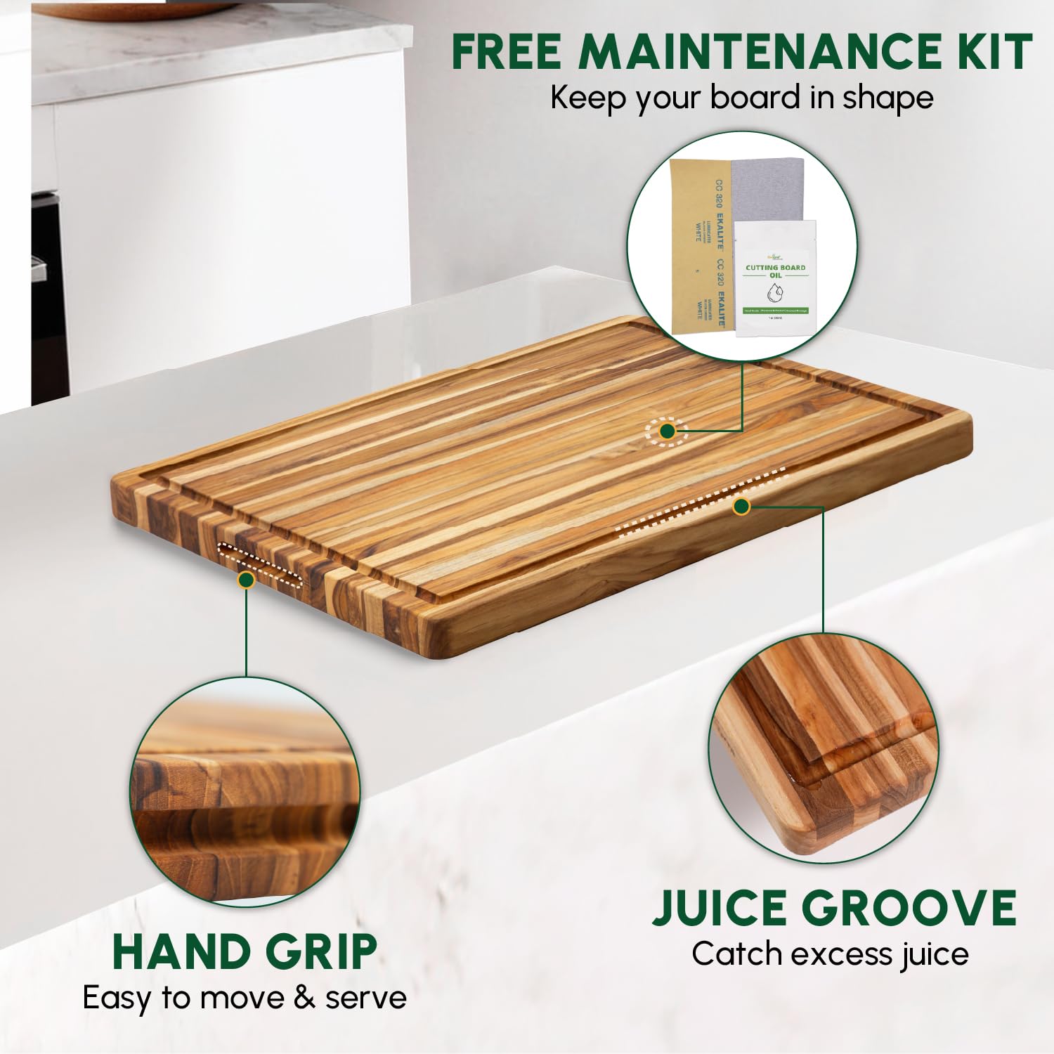 Beefurni teak surface is knife friendly and helps maintain blade sharpness.