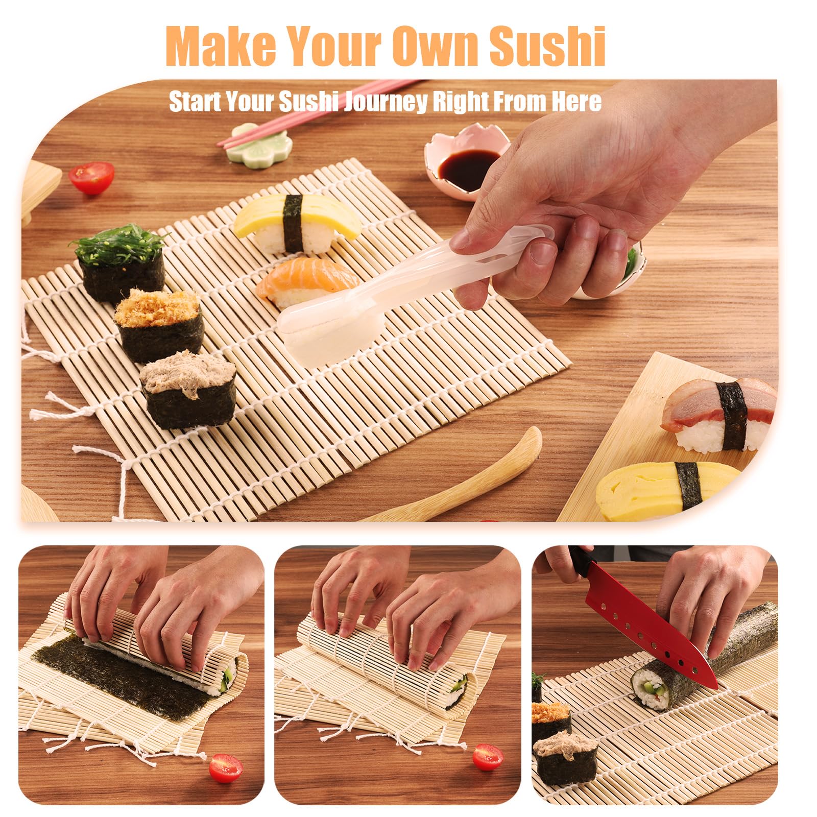 Beegofly sushi knife and chopsticks provide clean cuts and grip.
