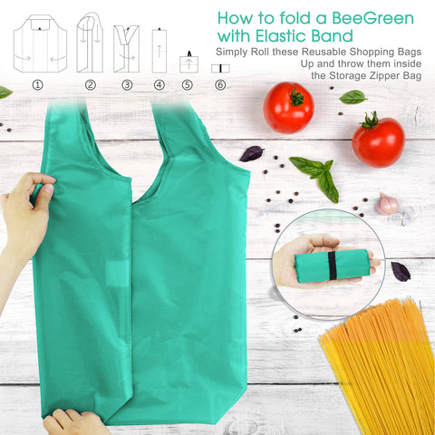 BeeGreen foldable bags fit compactly into the zip storage pouch for travel and quick access.