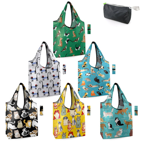 BeeGreen cat lovers six-pack patterned bags for stylish, reusable grocery shopping