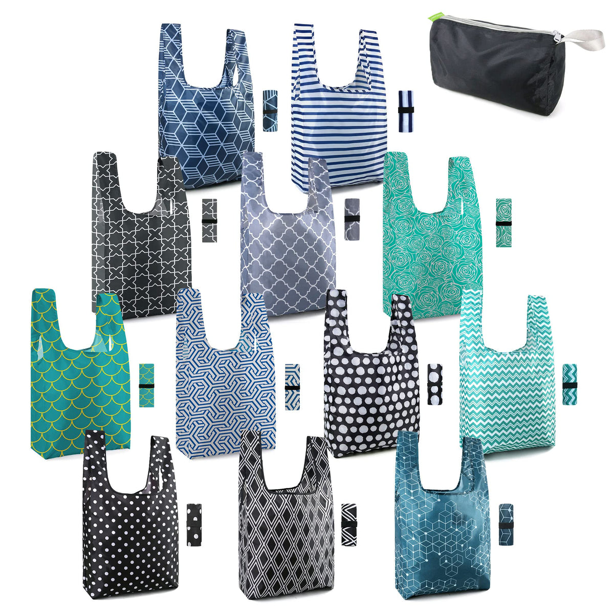 BeeGreen 12-pack foldable tote bags with prints for stylish, plastic-free shopping.