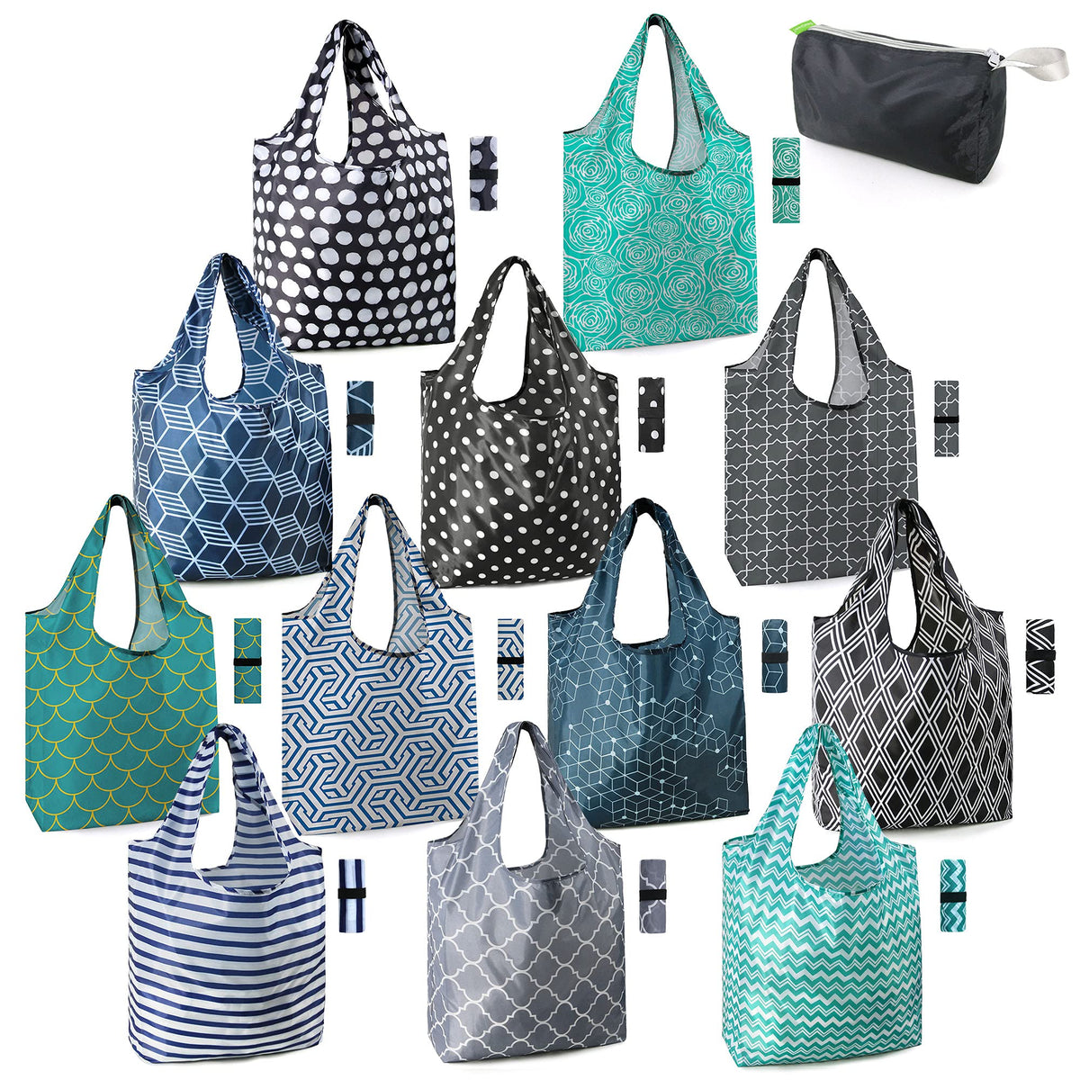 BeeGreen geometric-pattern bag rolled for compact storage and easy transport.